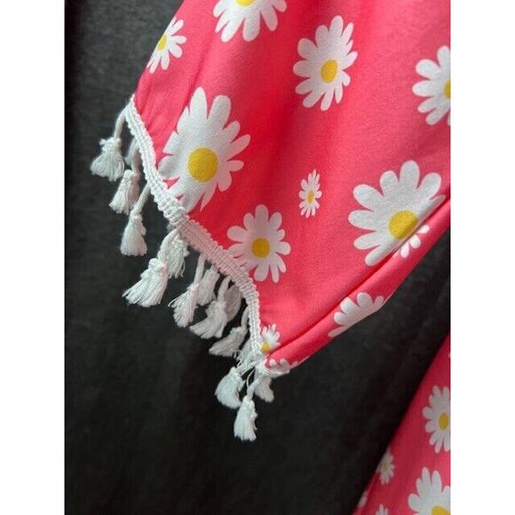 Pink W/Daisy Print Summer Dress Sz Large Baby Doll Bell Sleeves Beach Cover - Picture 4 of 6